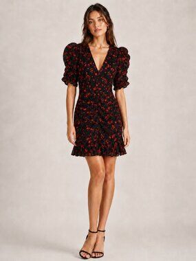 Lipsy London Black Red Floral Ruched Mini Dress US 6
